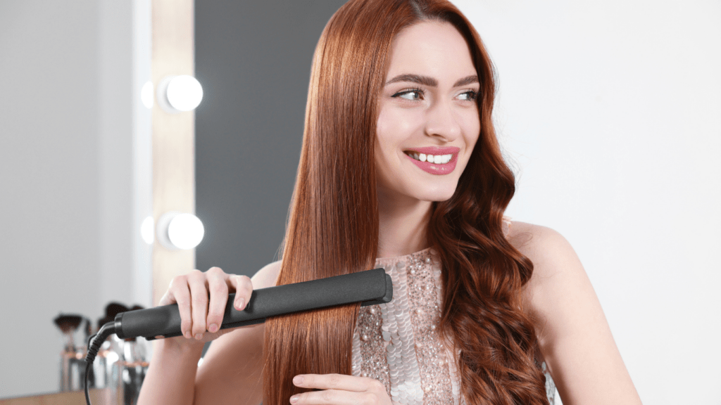 Woman Ironing her hair